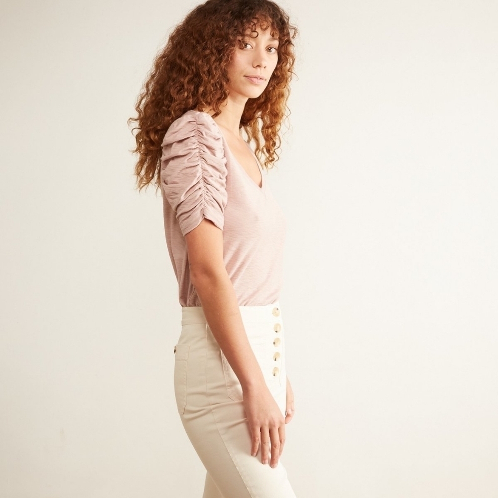 Nation LTD Short Puff Sleeve V-neck Veda Tshirt In Putty Size XS Women's
